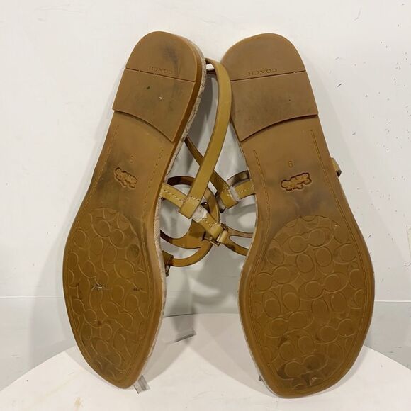 Coach‎ Jeri Logo Genuine Leather Sandals Flats Thong Strappy Tan Women 9B - Picture 8 of 9
